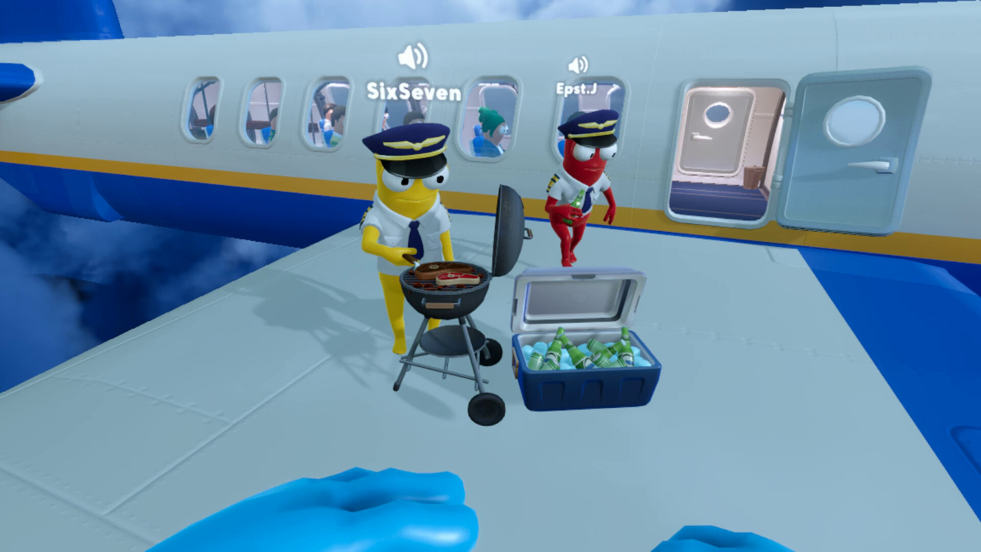 Dear Passengers cabin crew and travelers around an in-flight barbecue